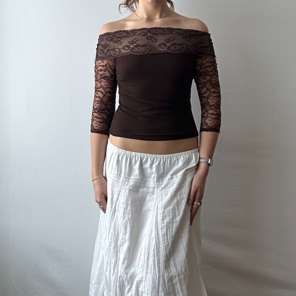 Off-the-Shoulder Brown 3/4 Sleeve Lace Trim Top - Picture 1 of 4